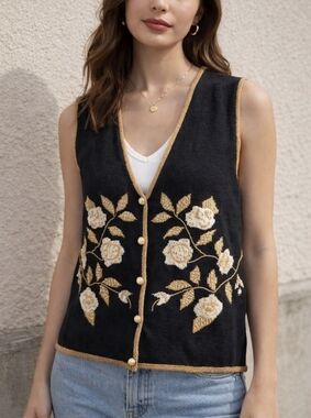 Vintage Jocelyn Smith Floral Embroidered Black Gold Button Down Knit vest Size M